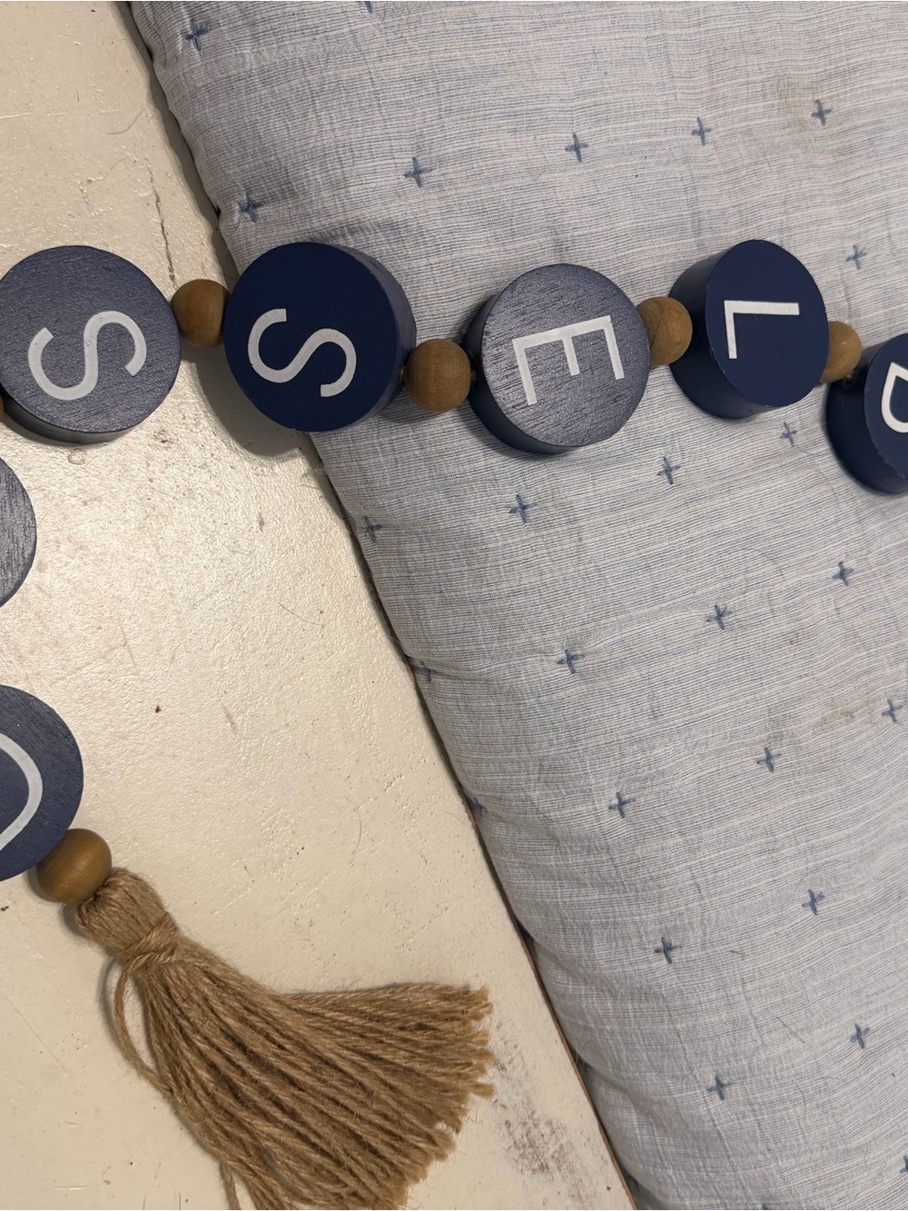 Hobby Lobby Navy Lettered Wooden Bead Garland with Natural Tassel